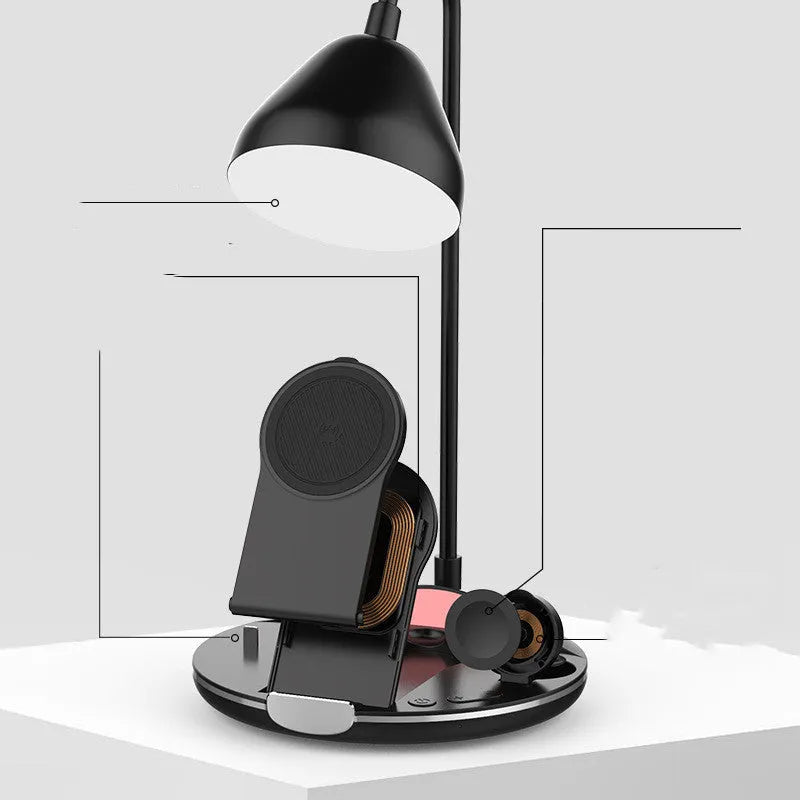 Black magnetic folding wireless charger showing adjustable stand position with USB cable
