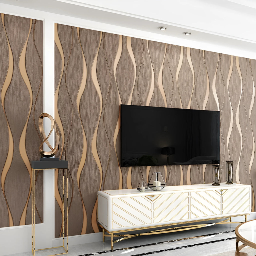 Close-up of dark brown curve stripe 3D textured wallpaper with deerskin velvet finish