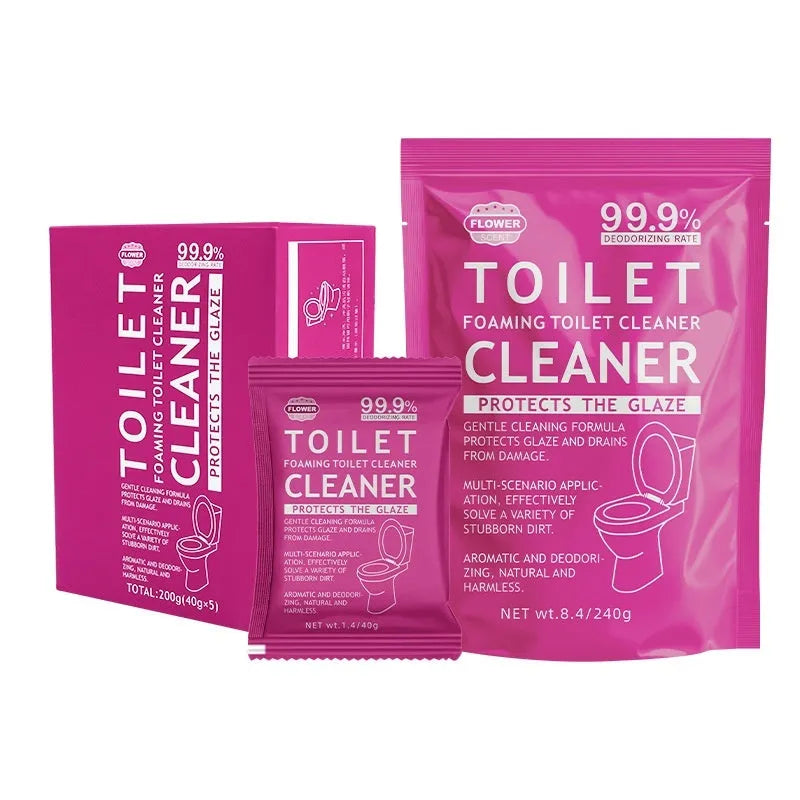 Toilet bubble powder cleaning product in blue ocean and pink floral fragrance variants