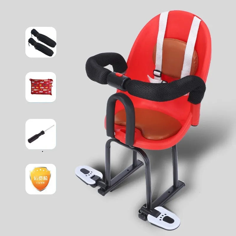 Front-mounted child safety seat for battery scooter in black, made from high carbon steel pipe.