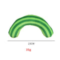 Striped green cat toy pillow with noise maker measuring 23cm alongside three additional cat toys