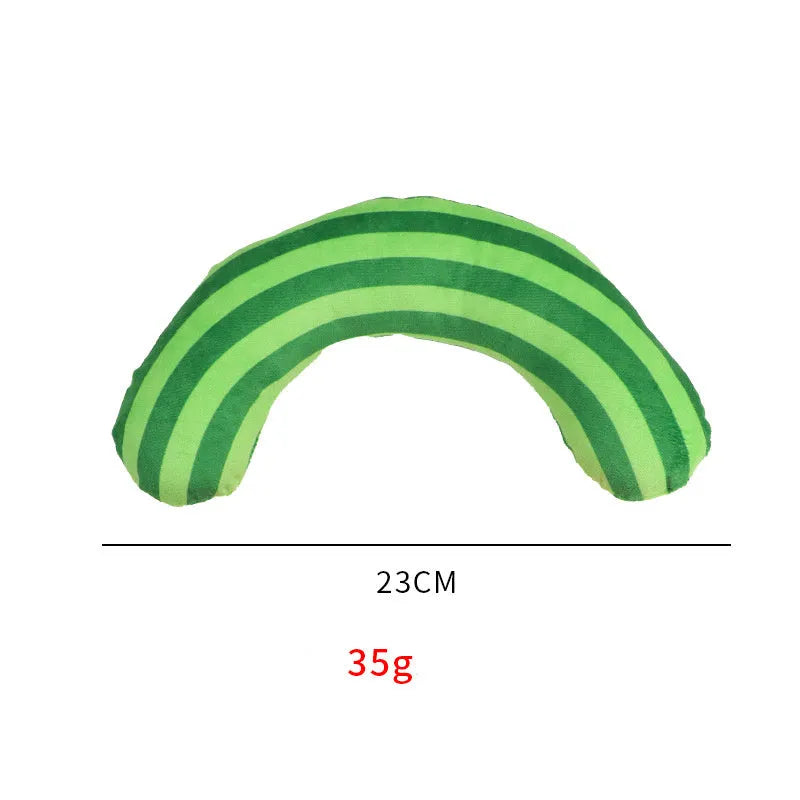 Striped green cat toy pillow with noise maker measuring 23cm alongside three additional cat toys