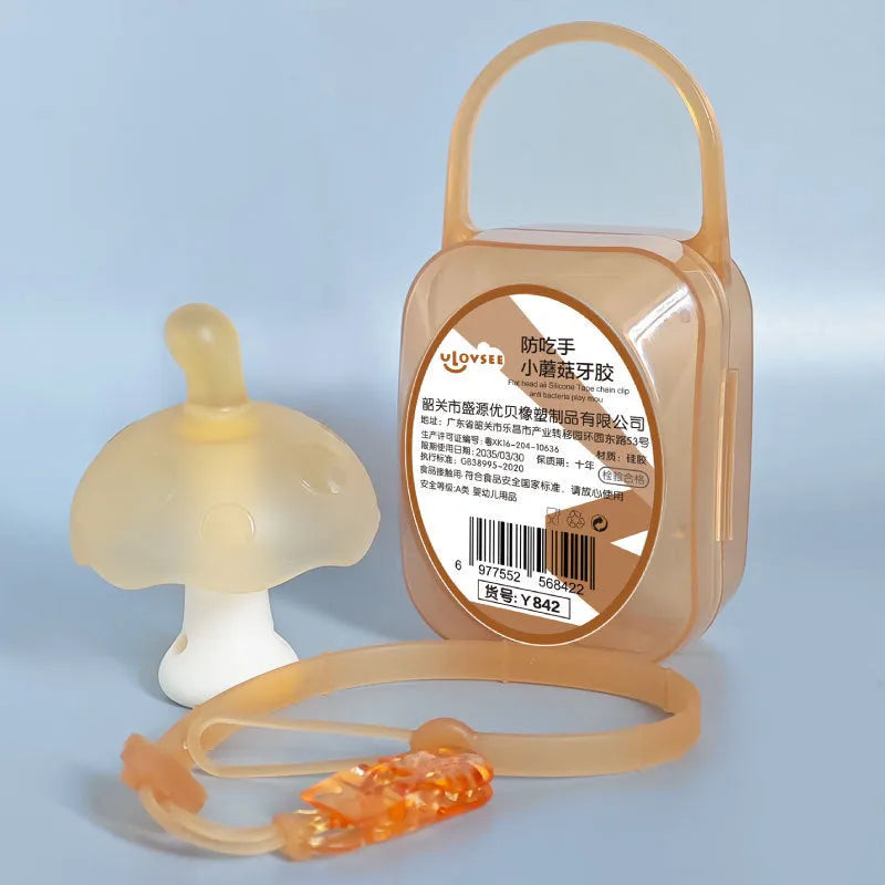Small mushroom gum chewing toy in food grade silicone gel with transparent box packaging
