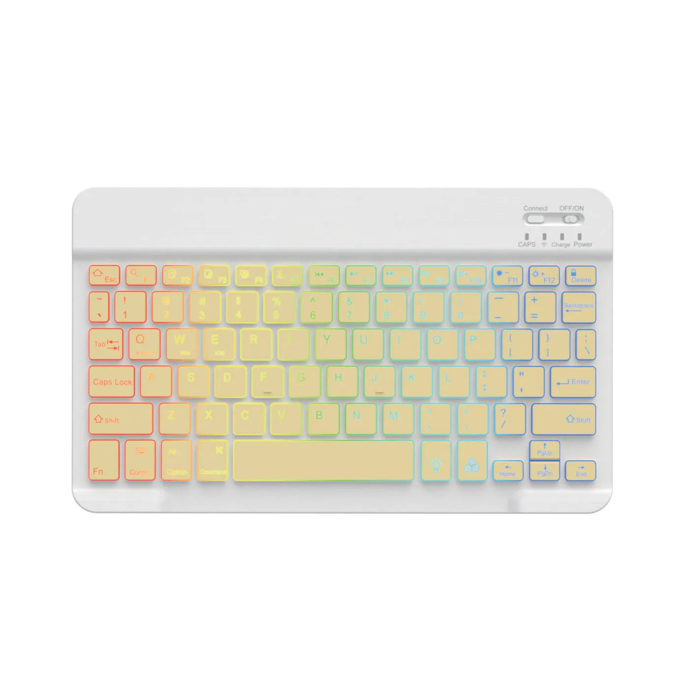 10-inch wireless Bluetooth keyboard with colourful backlit keys shown in a selection of case colours.
