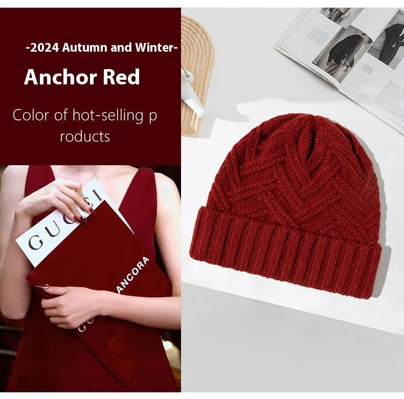 Women's wool knitted dome crown winter hat in six colour options including ivory white, khaki, red, brown, grey and black