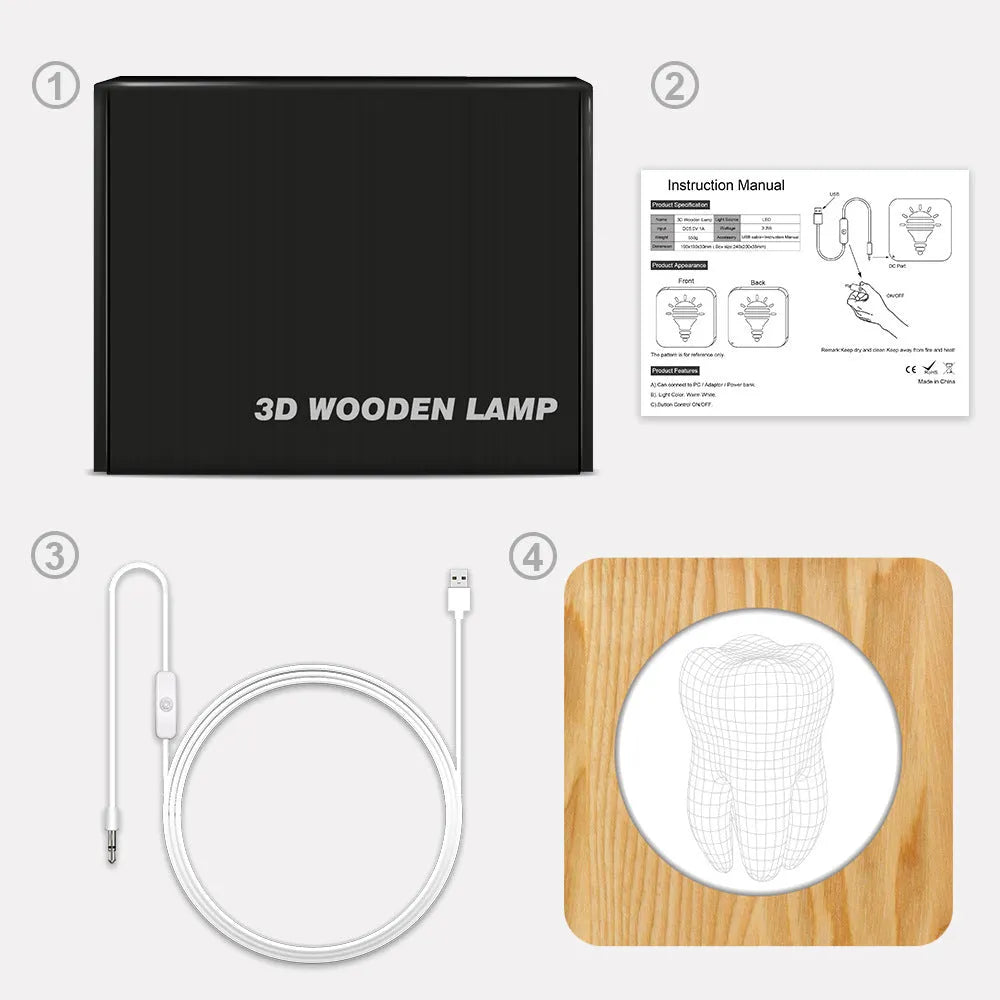 Square tooth-shaped wood colour acrylic night lamp with USB cable on a desk.