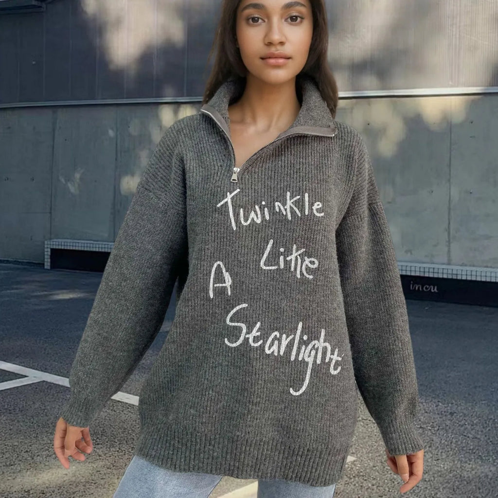 Women's alpaca wool pullover sweater with oblique zipper, loose lapels, and retro turtleneck design in light khaki colour
