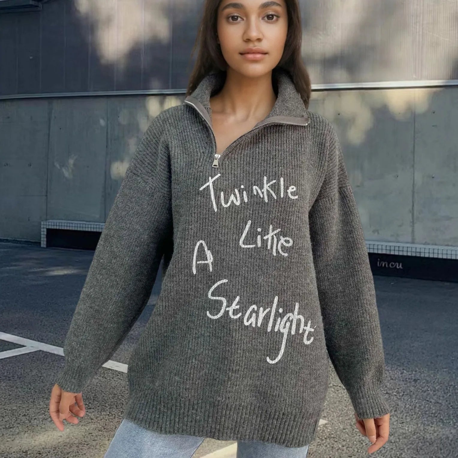 Women's alpaca wool pullover sweater with oblique zipper, loose lapels, and retro turtleneck design in light khaki colour