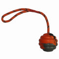 Multi-coloured rubber dog training ball with rope knots measuring 6x30cm