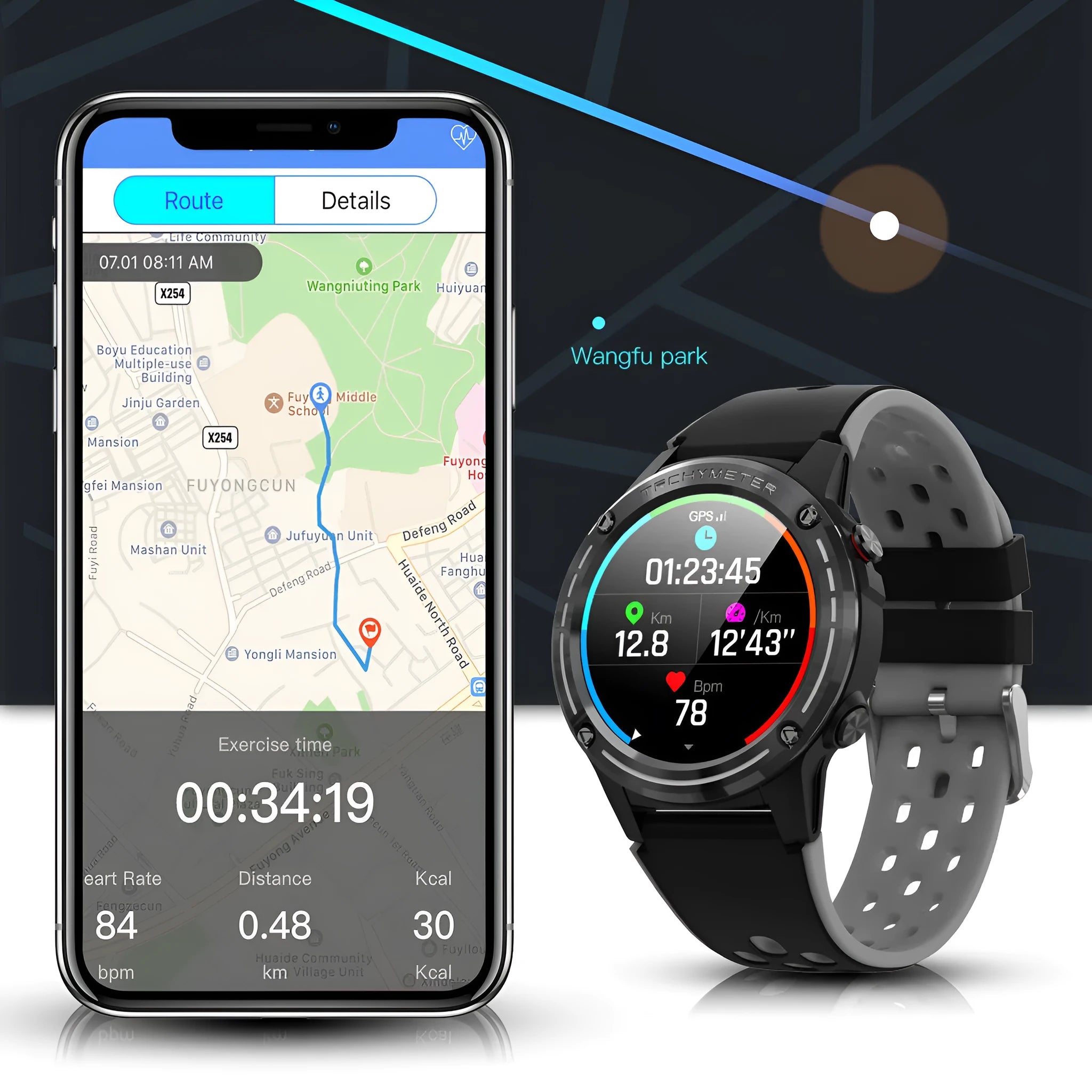 GPS smart watch sports bracelet with silicone strap and glass face in four colour options