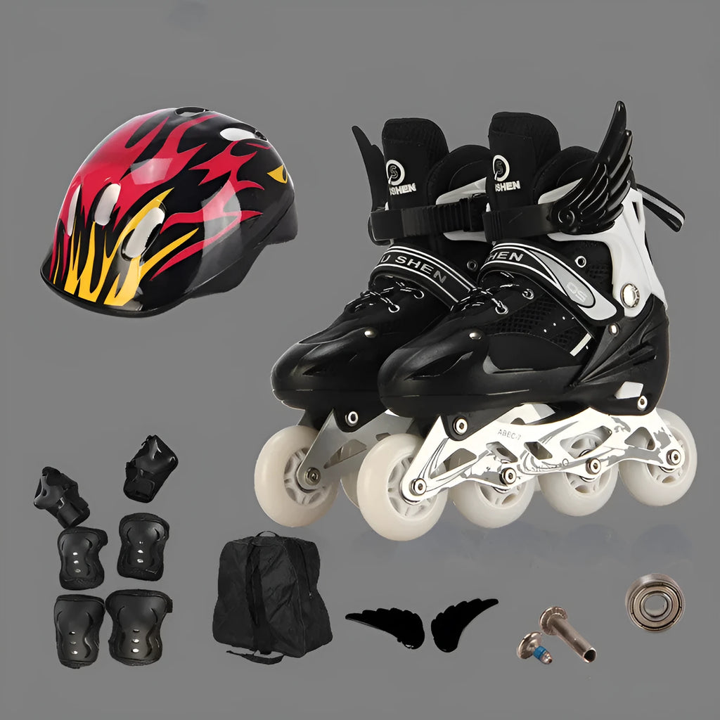 Adjustable children's roller skates in yellow with aluminium frame, PU foam wheels, and full protective gear set.