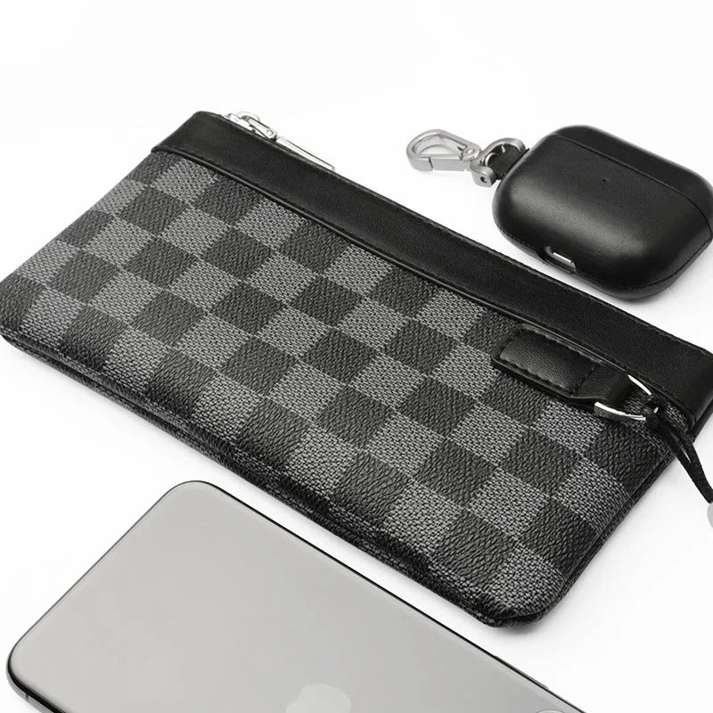 Black plaid pattern genuine cowhide leather men's wallet showing 20x10 cm dimensions