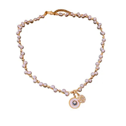 Golden white real gold electroplated necklace with geometric round zircon pearl pendant on adjustable clavicle chain