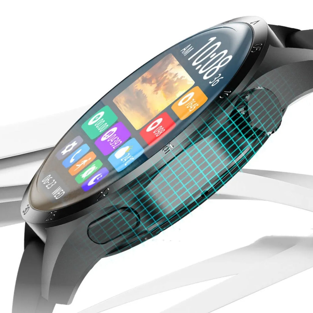 Black smartwatch with Bluetooth calling and sports modes on a silicone strap, displaying heart rate data.