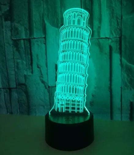 Leaning Tower of Pisa 3D acrylic night light with colour-changing LEDs on a black ABS base.