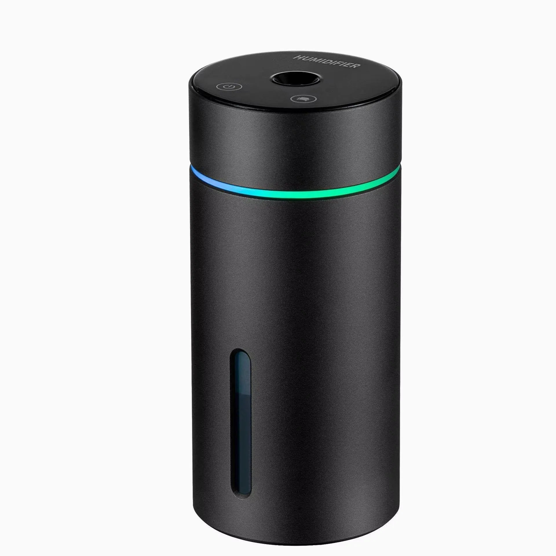 Black aluminium car humidifier diffuser with night light on a desk next to USB cable