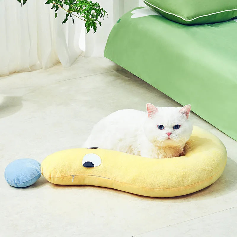 Blue and yellow rectangular pet sleeping pillow for cats and dogs on a white background.