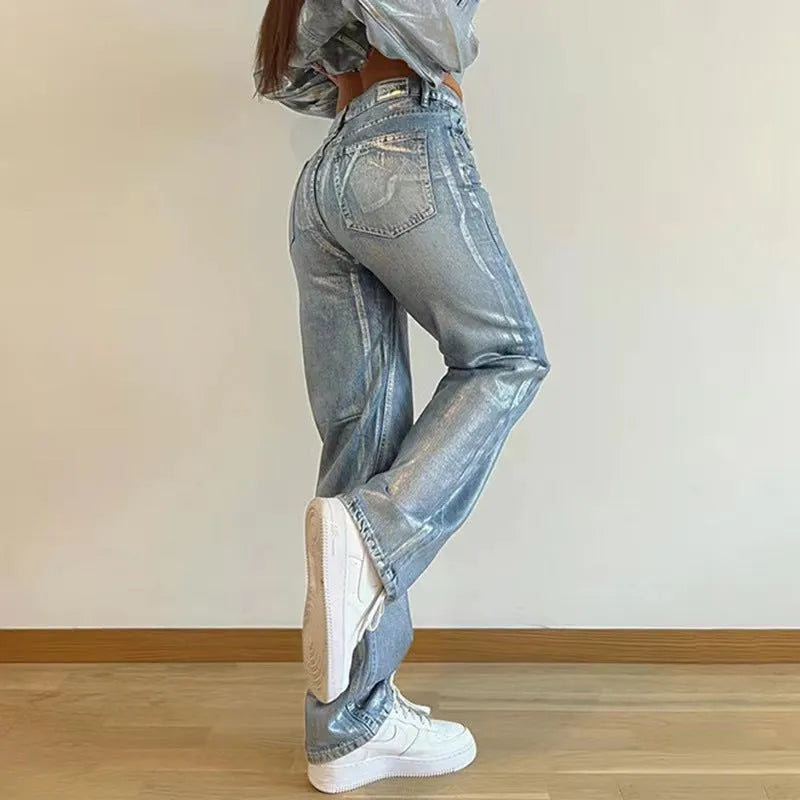 Blue high waist straight leg jeans with silver contrast stitching detail