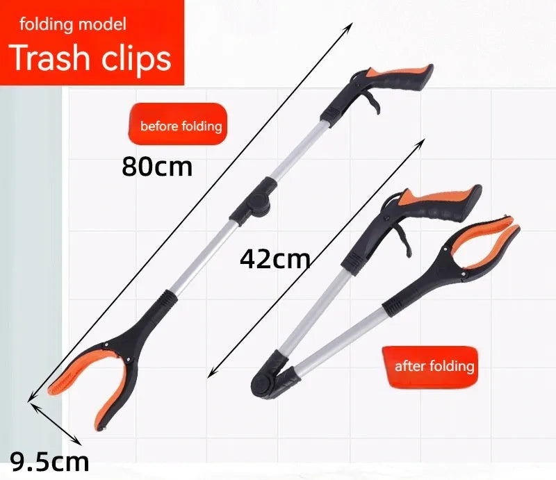 Foldable aluminium rubbish clamp with magnet, shown extended to 80cm and folded to 42cm with blue handle