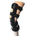 Black anterior ligament knee support brace with visible hinges, shown in various size options.