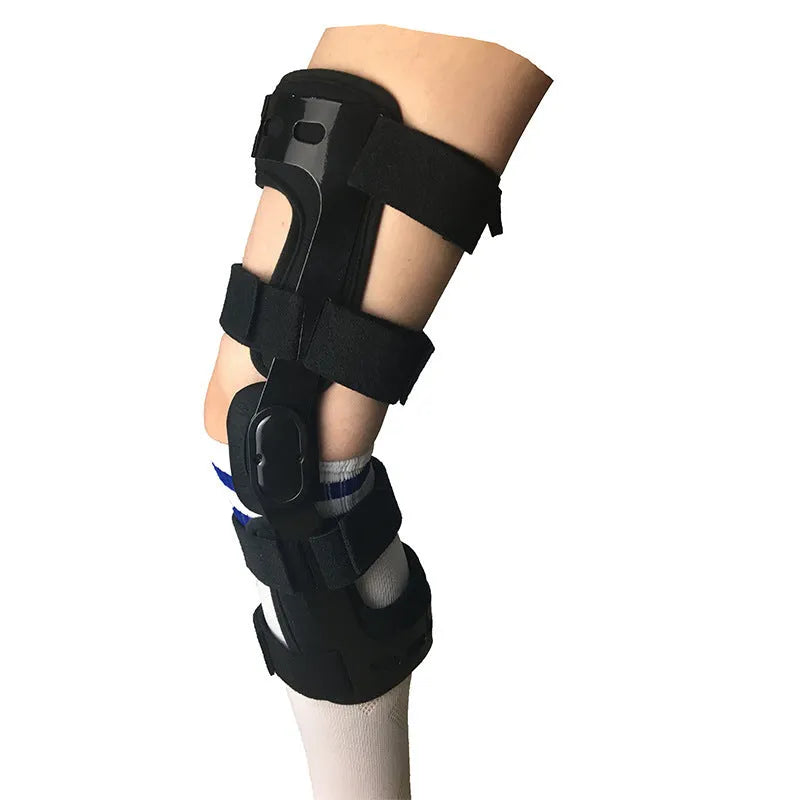 Black anterior ligament knee support brace with visible hinges, shown in various size options.