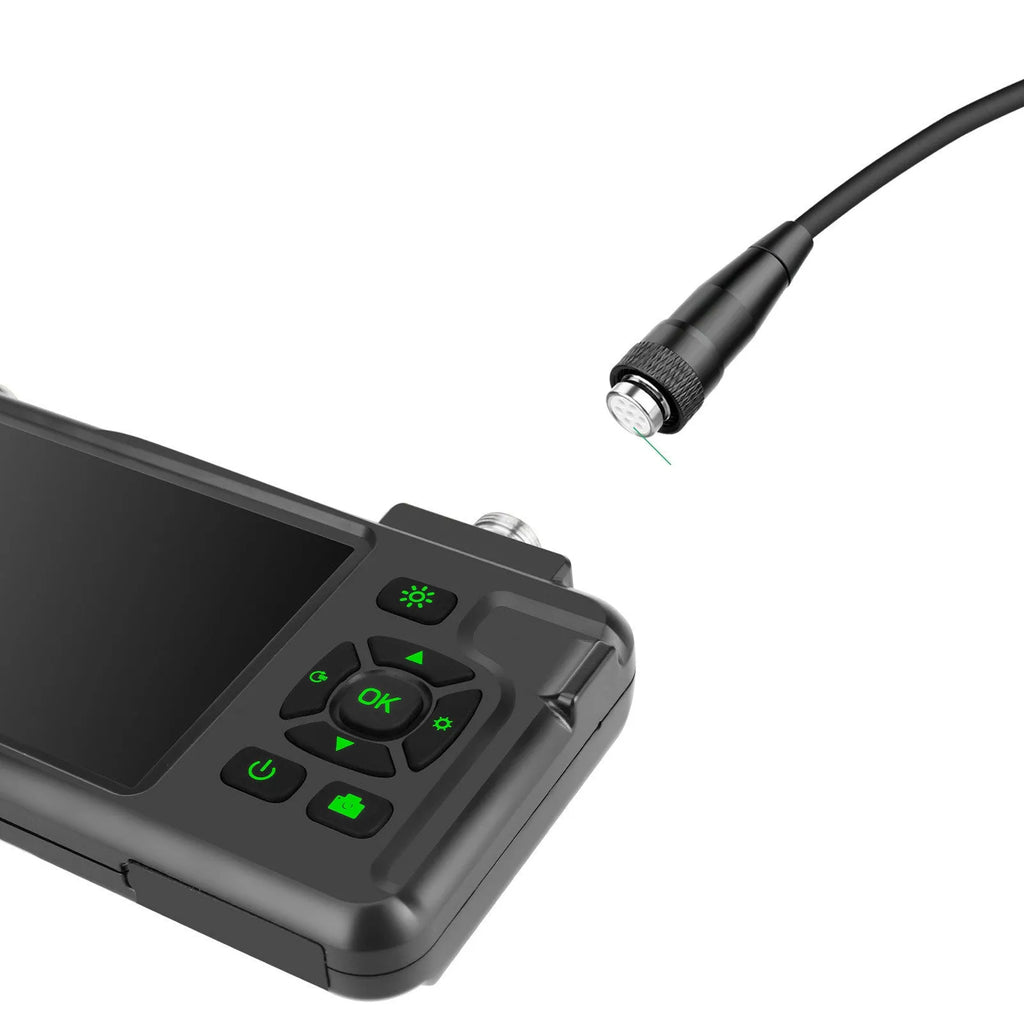Handheld industrial endoscope with 4.5-inch screen and 1-metre black inspection cable with camera probe.
