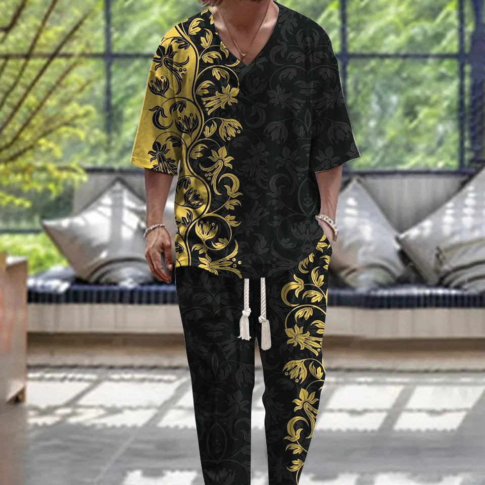 Thin polyester trousers suit with a cropped sleeve V-neck jacket on a hanger.