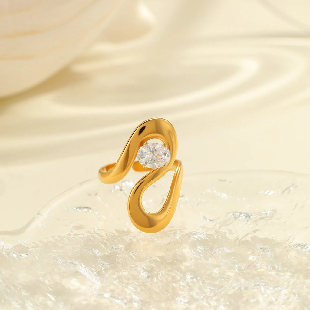 Women's geometric zircon ring with open mouth design in stainless steel with multiple colour options