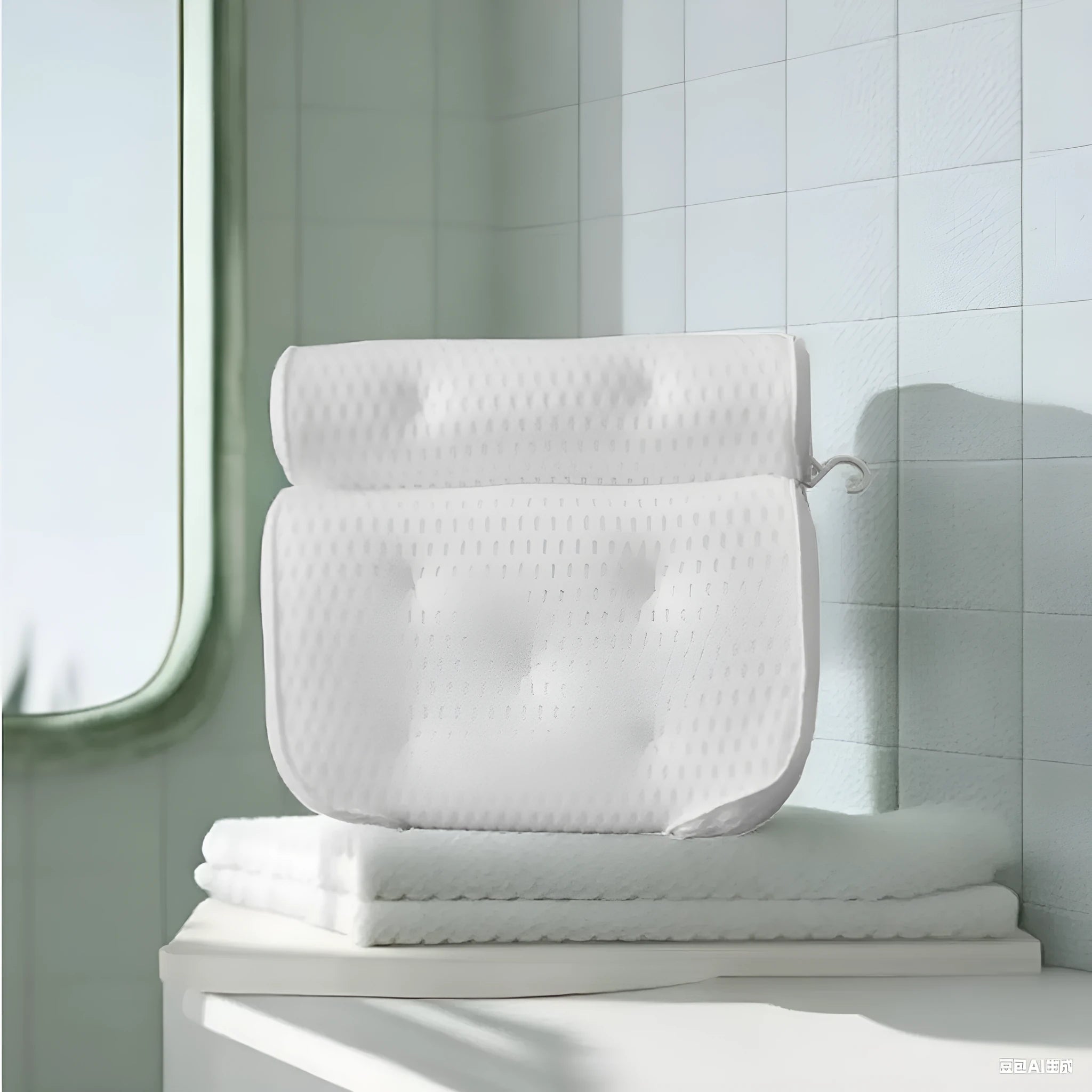 White 3D mesh bathtub pillow with multiple suction cups, shown on a bathtub.