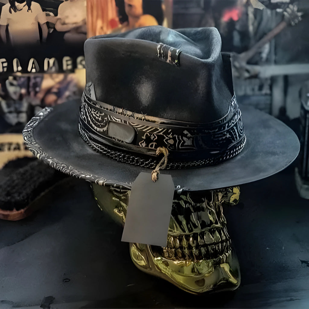 Handmade conical skull hat made from wool felt denim fabric