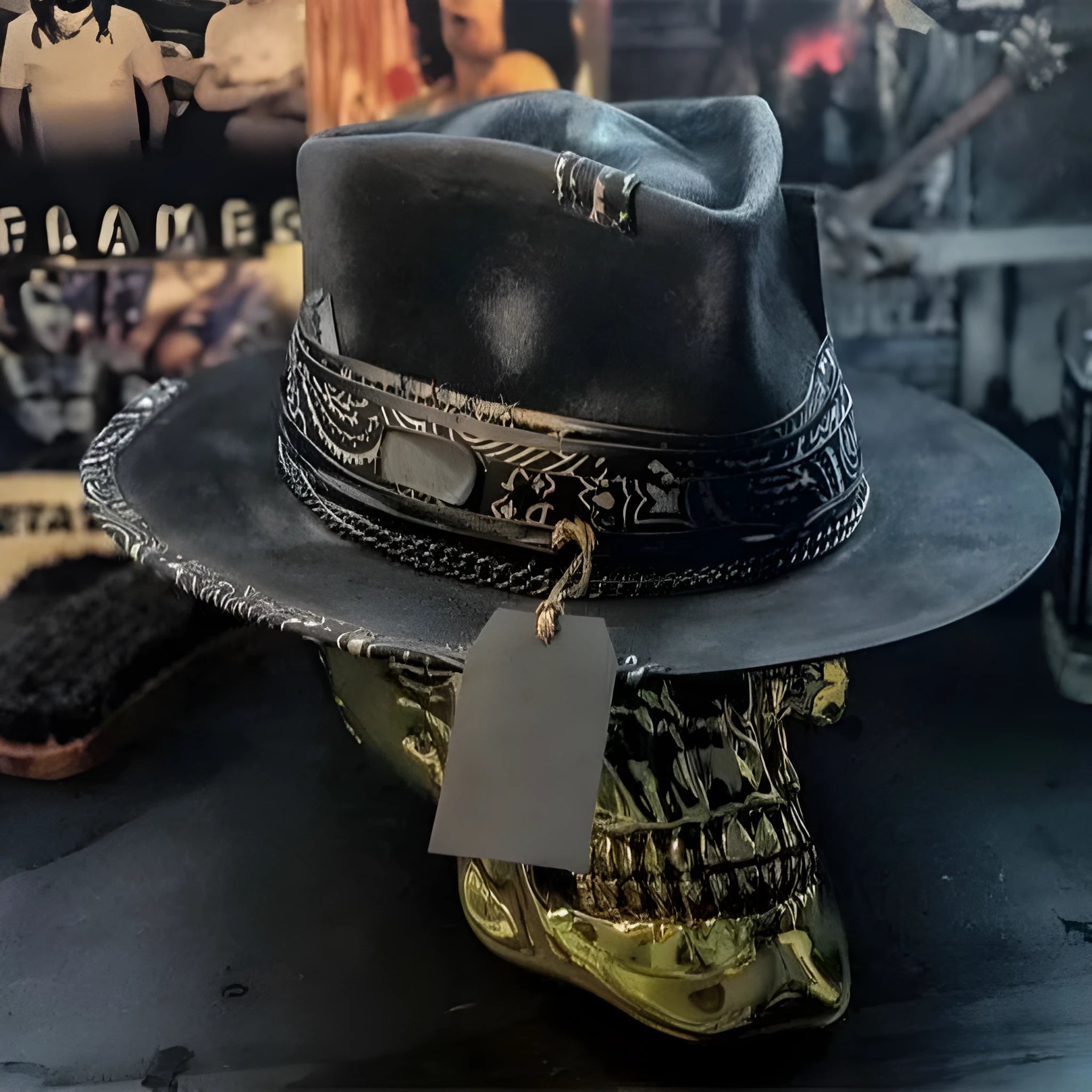 Handmade conical skull hat made from wool felt denim fabric