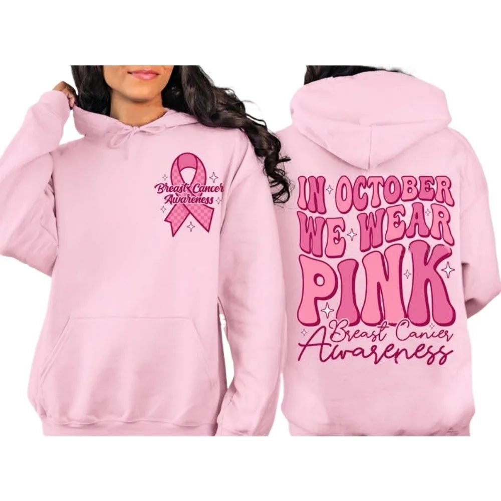 Breast Cancer Awareness pullover hoodie with retro art design and side seam pockets in a choice of colours.
