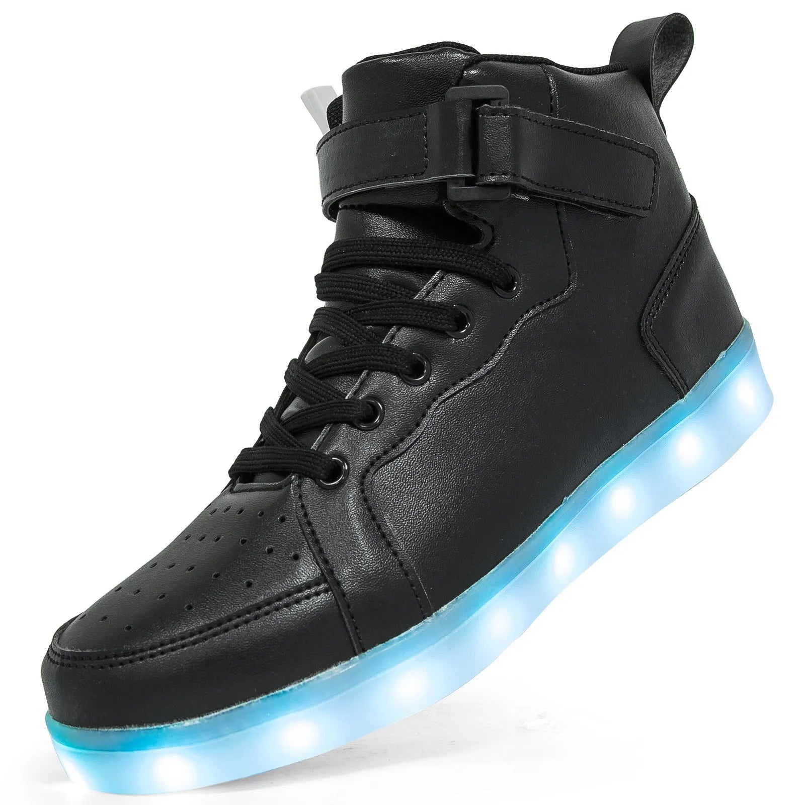 Black LED high-top dance shoes with light-up soles and Velcro strap.