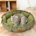 Gray and green reversible donut cat bed for indoor cats, shown in small, medium, and large sizes.