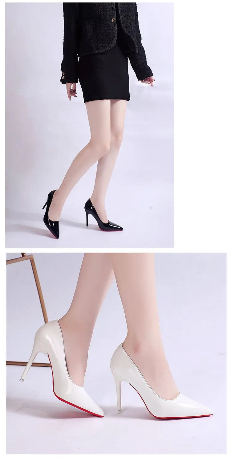 Solid colour women's pointed toe stiletto heel pump shoe in a choice of apricot, black, pink, or white.