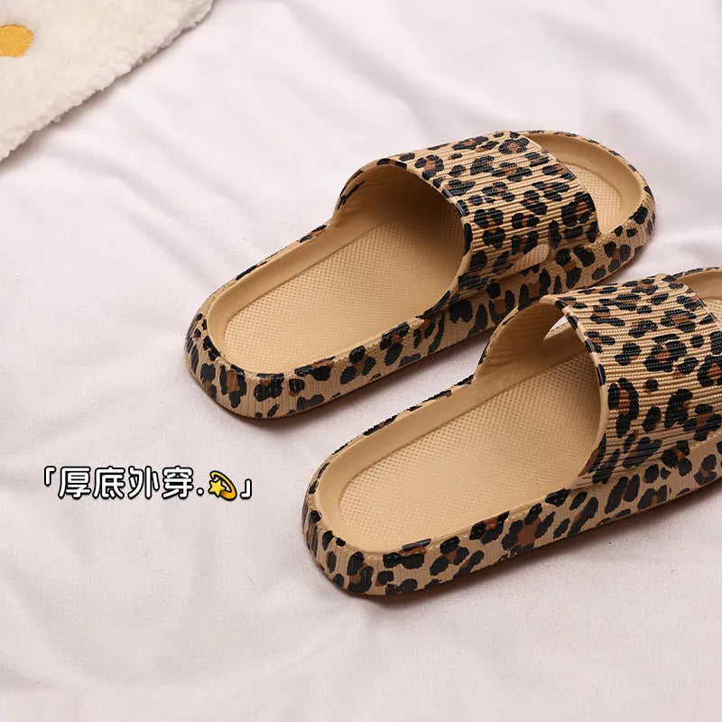 EVA material leopard print slippers with thick bottom design shown in multiple colour options