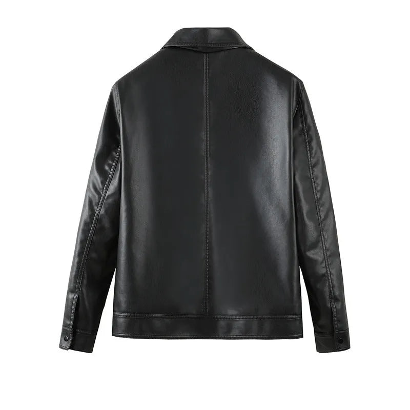 Men's black PU leather casual jacket with zipper and pockets in loose fit design