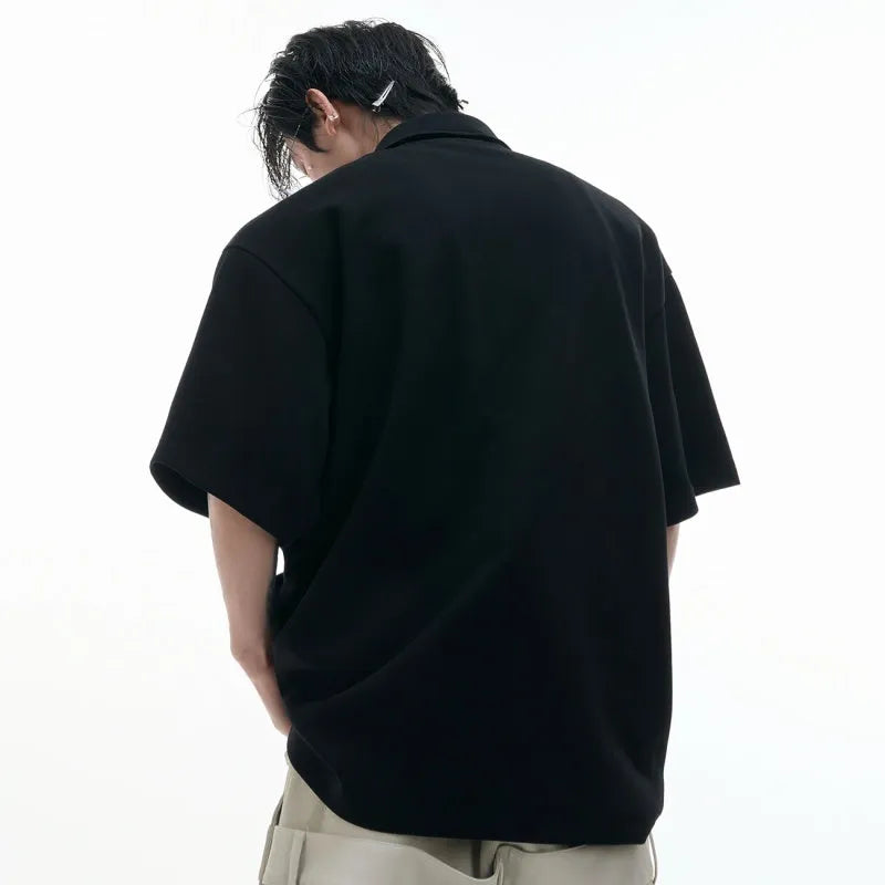 Men's geometric pattern polo shirt with deconstructed collar in loose fit black/grey/white options