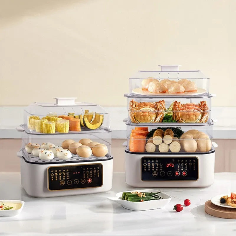 28L stainless steel electric food steamer with digital display and steaming rack.