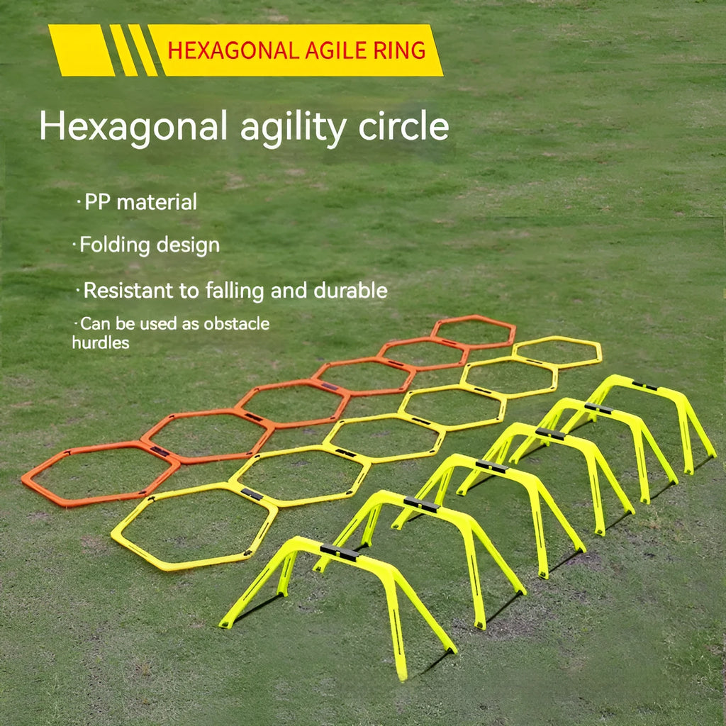 Set of six bright green, orange, and yellow foldable hexagon football agility training rings laid out on grass.