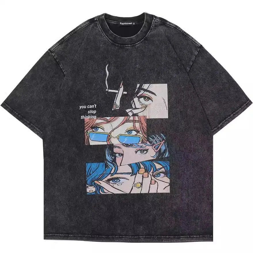 Men's cotton short sleeve t-shirt with cartoon pattern in loose retro street style