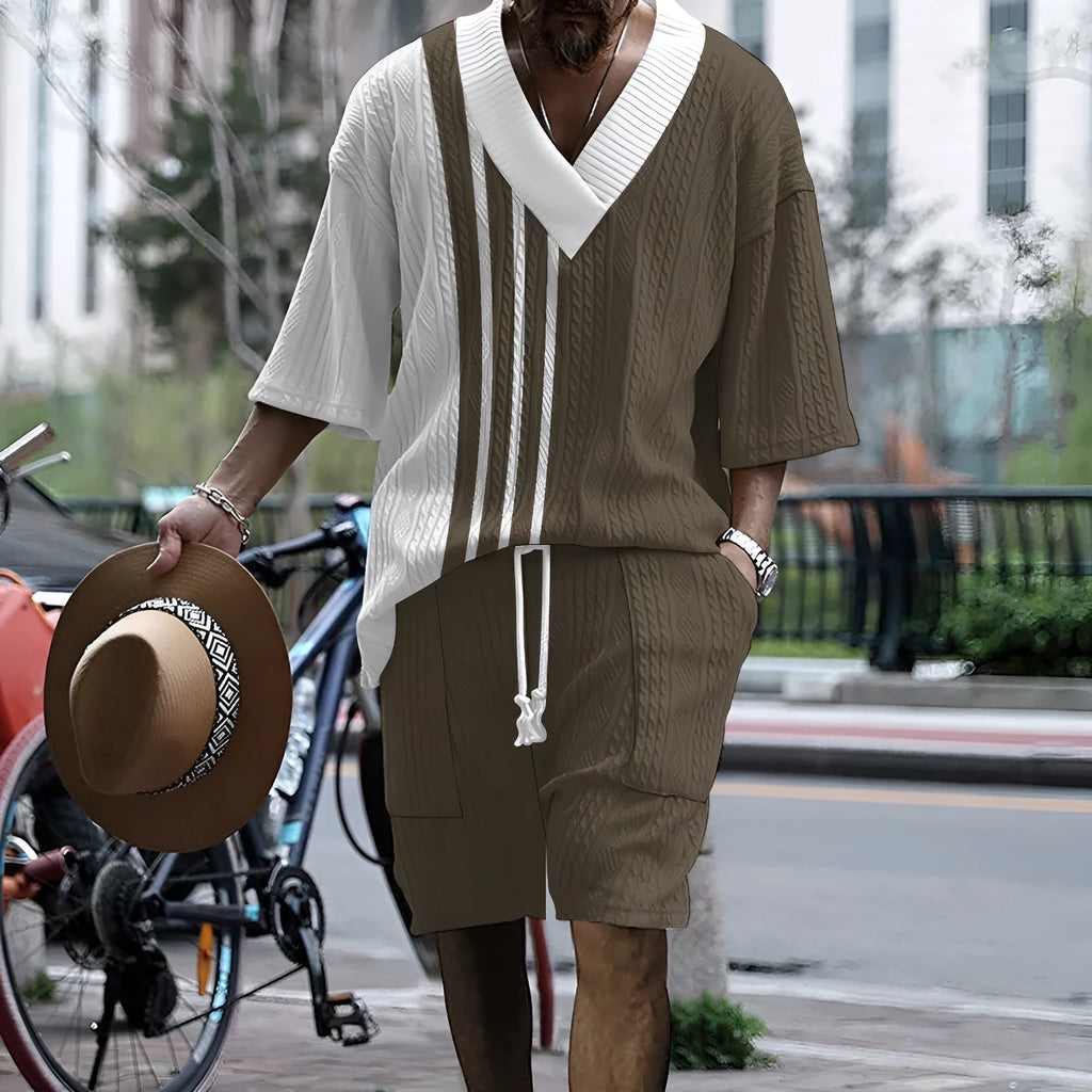 Men's printed drop shoulder knitted short sleeve top and matching shorts set