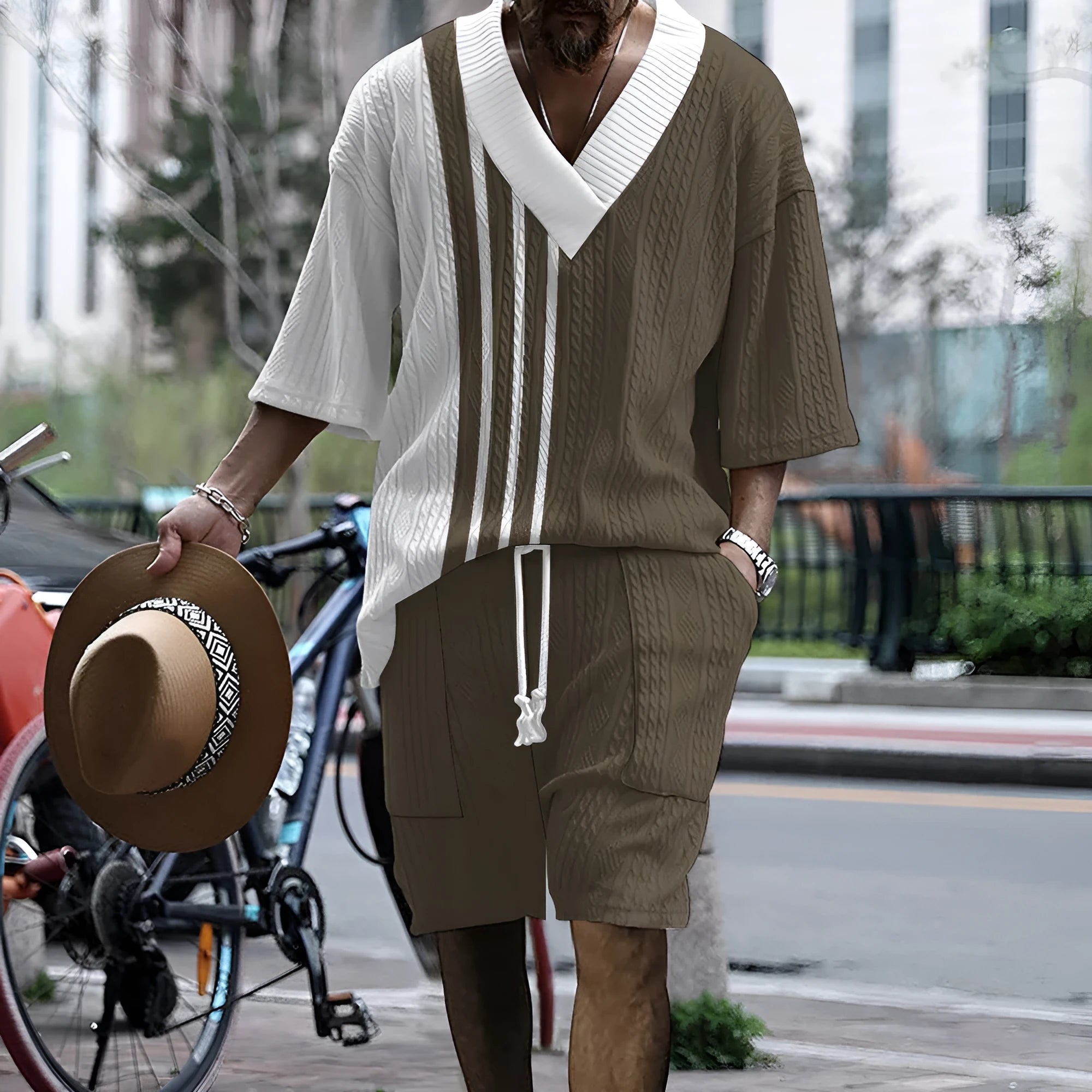 Men's printed drop shoulder knitted short sleeve top and matching shorts set