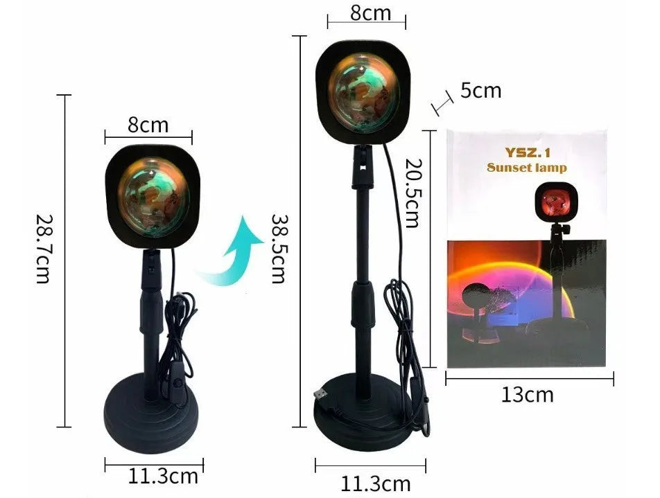 USB rechargeable sunset red rainbow projection atmosphere lamp with push button.