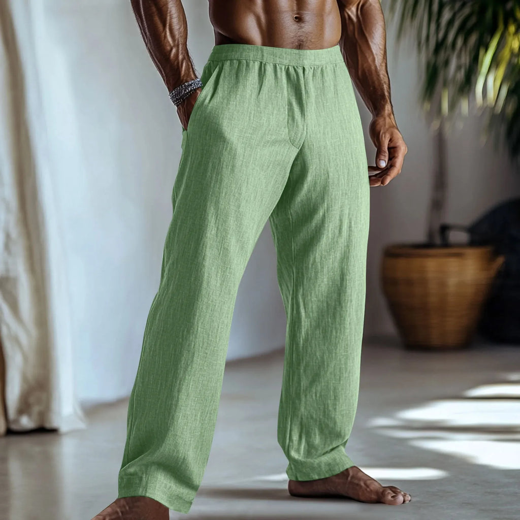 Cotton and linen straight-leg casual trousers in British style with pockets, shown in available colours