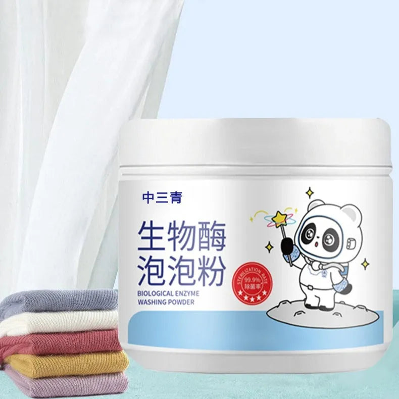 Bottle of biological enzyme bubble powder laundry detergent for stain removal on down jackets and wool.