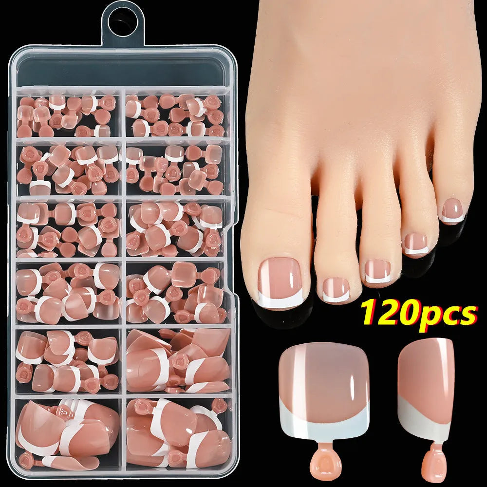 120 piece box of French white edge nude artificial toenails in nine shades, square short shape for toes.