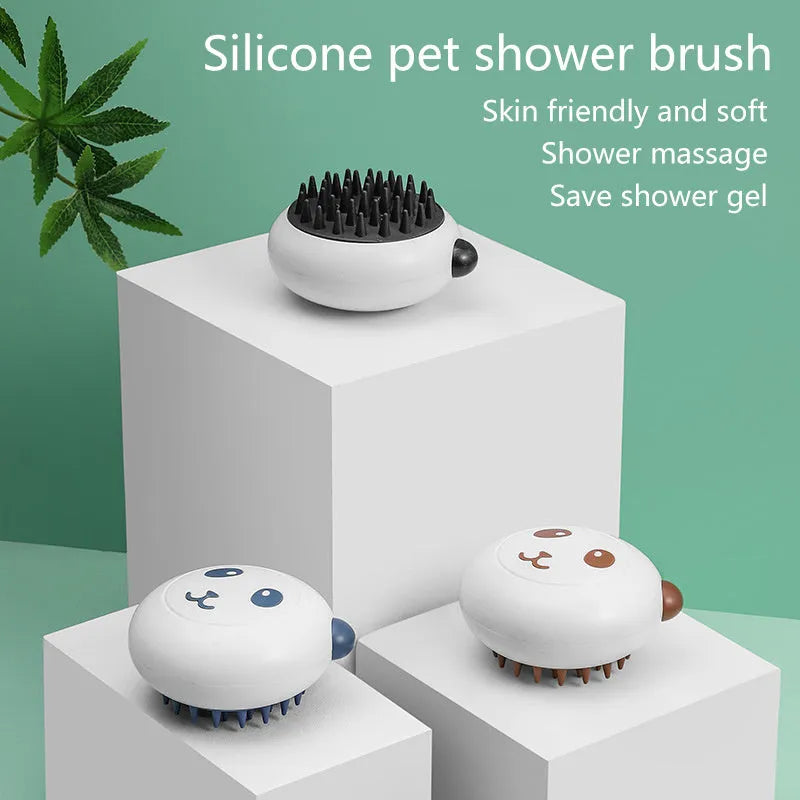 Panda-shaped silicone pet shower brush with soft bristles for bathing cats and dogs.