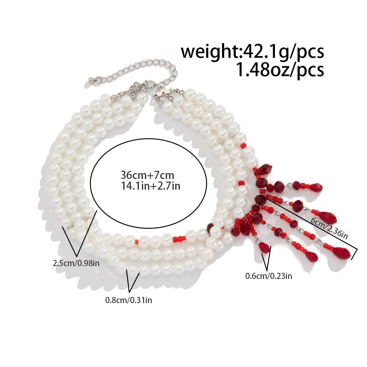 Men's Halloween necklace with blood drop crystal pendant and pearl tassel chain in red and black colours