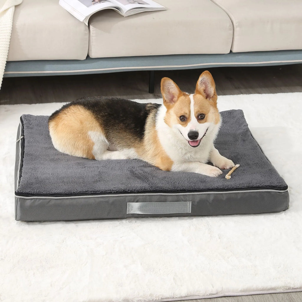 Removable cover memory sponge dog mat in brown, shown on a wooden floor.
